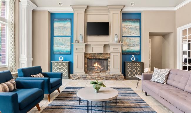 a living room with a fireplace